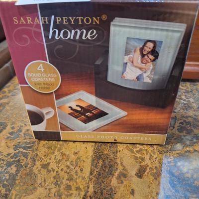 Sarah Peyton Home Solid Glass Photo Coasters with a Wood Holder.