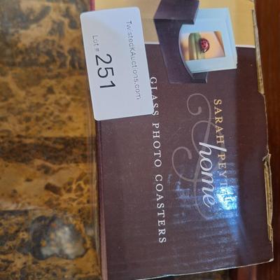 Sarah Peyton Home Solid Glass Photo Coasters with a Wood Holder.