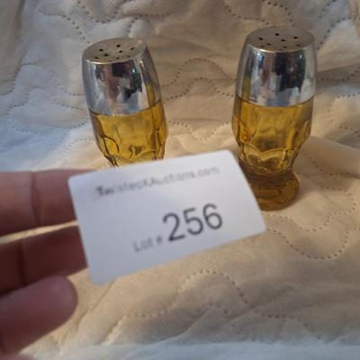 vintage Anchor Hocking Georgian amber glass salt and pepper shakers.