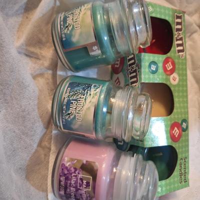 2 back of M&Ms scented candles and 3 small glass jar candles