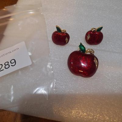 Red apple brooch and earrings - no backs