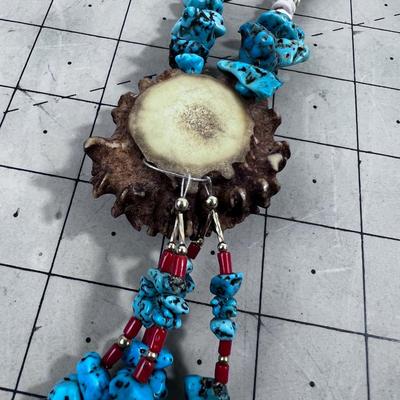 Incredible Native America Necklace; Turquoise, Antler, Puka Shell, Liquid Silver etc.