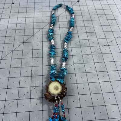 Incredible Native America Necklace; Turquoise, Antler, Puka Shell, Liquid Silver etc.