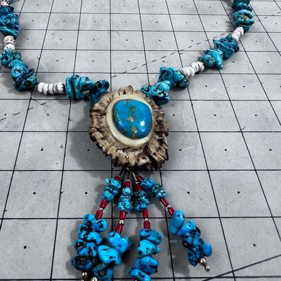 Incredible Native America Necklace; Turquoise, Antler, Puka Shell, Liquid Silver etc.