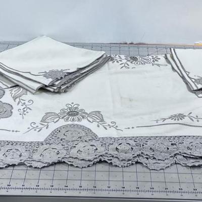 Ecru Cut out Table Cloth and Napkins Gray 