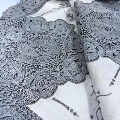 Ecru Cut out Table Cloth and Napkins Gray 