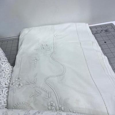 (3) Large White Hand Crafted and Machine Round Table Cloths, Cut OUT 