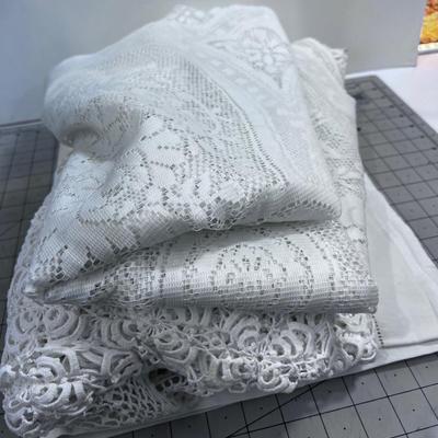 (3) Large White Hand Crafted and Machine Round Table Cloths, Cut OUT 