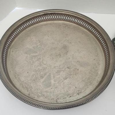 Vintage Silver Tone Serving Tray With Pierced Gallery Plus Small Metal Bucket And Scalloped Dish Lot