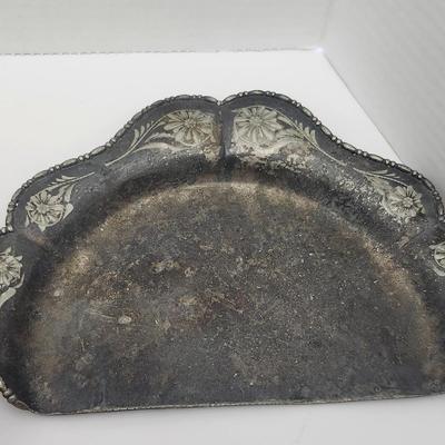 Vintage Silver Tone Serving Tray With Pierced Gallery Plus Small Metal Bucket And Scalloped Dish Lot