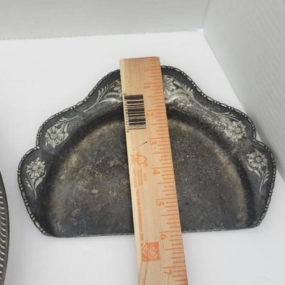 Vintage Silver Tone Serving Tray With Pierced Gallery Plus Small Metal Bucket And Scalloped Dish Lot