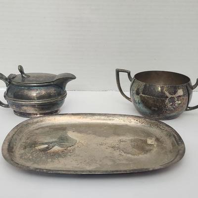 Vintage Silver Tone Creamer Sugar Bowl And Oval Serving Tray Three Piece Tabletop Set