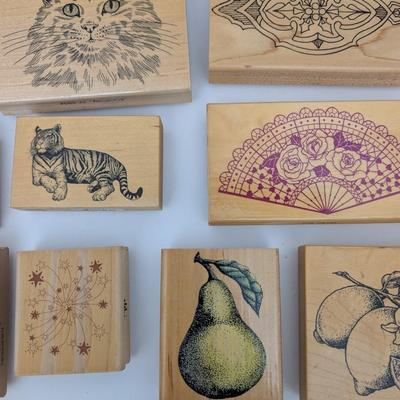 Vintage Rubber Stamp Lot Carousel Cat Fruit Angels Fan Tiger Decorative Craft Stamps