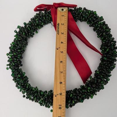 Set Of 3 Beaded Holiday Wreaths With Red Ribbon Bows Green Clear Red