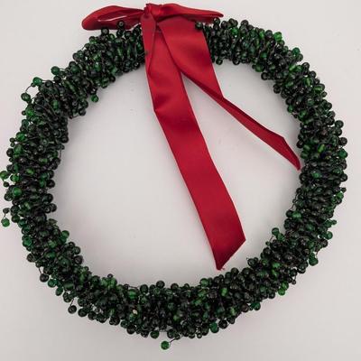 Set Of 3 Beaded Holiday Wreaths With Red Ribbon Bows Green Clear Red
