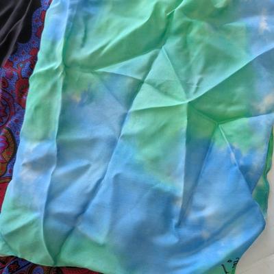 Lot of Four Blue Themed Scarves Mix of Silk and Polyester Colorful Vintage Prints