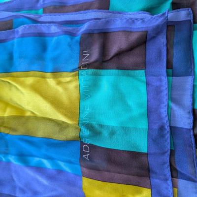 Lot of Three Vintage Blue Silk Scarves Including Adrienne Vittadini Colorful Prints