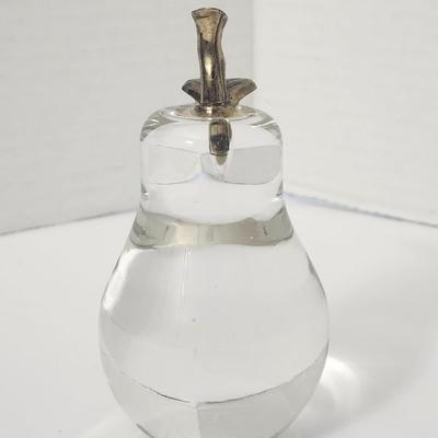 Clear Glass Pear Figurine With Metal Stem Vintage Style Fruit Paperweight Home Decor Accent