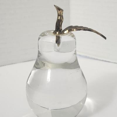 Clear Glass Pear Figurine With Metal Stem Vintage Style Fruit Paperweight Home Decor Accent