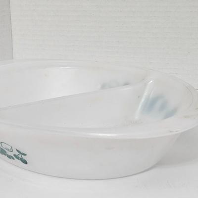 Vintage Glasbake J-2352 Divided Serving Dish Milk Glass "Fruit Medley" Teal Made in USA