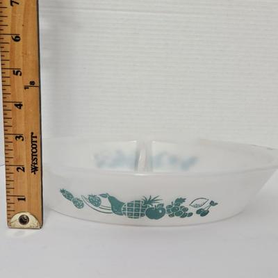 Vintage Glasbake J-2352 Divided Serving Dish Milk Glass "Fruit Medley" Teal Made in USA