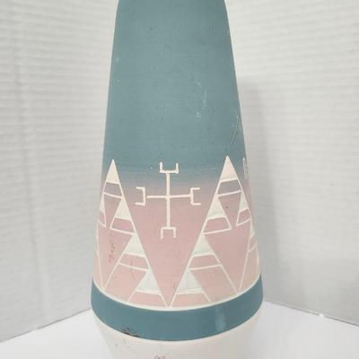Hand Painted Ceramic Vase Southwestern Geometric Trees Pastel Blue Pink White Felt Base