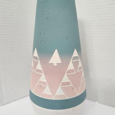 Hand Painted Ceramic Vase Southwestern Geometric Trees Pastel Blue Pink White Felt Base