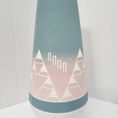 Hand Painted Ceramic Vase Southwestern Geometric Trees Pastel Blue Pink White Felt Base