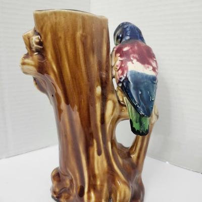Figural Ceramic Parrot Tree Stump Vase Majolica Style Glazed Bird Floral Decorative Pottery
