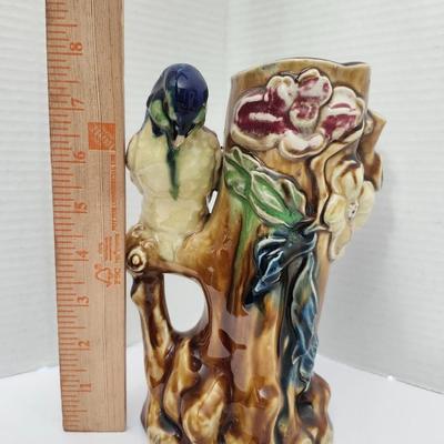 Figural Ceramic Parrot Tree Stump Vase Majolica Style Glazed Bird Floral Decorative Pottery