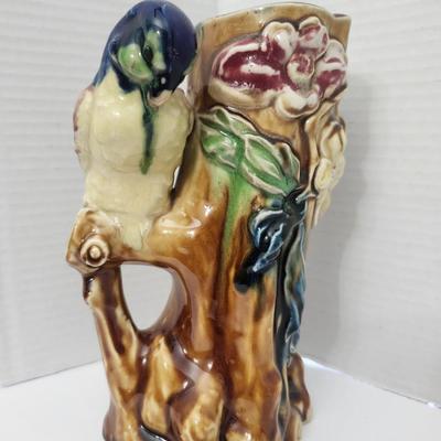 Figural Ceramic Parrot Tree Stump Vase Majolica Style Glazed Bird Floral Decorative Pottery
