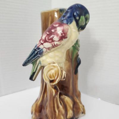 Figural Ceramic Parrot Tree Stump Vase Majolica Style Glazed Bird Floral Decorative Pottery