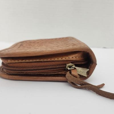 Tooled Leather Zip Around Wallet Floral Basketweave Design Unmarked Brown Leather Accessory