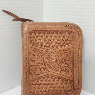 Tooled Leather Zip Around Wallet Floral Basketweave Design Unmarked Brown Leather Accessory