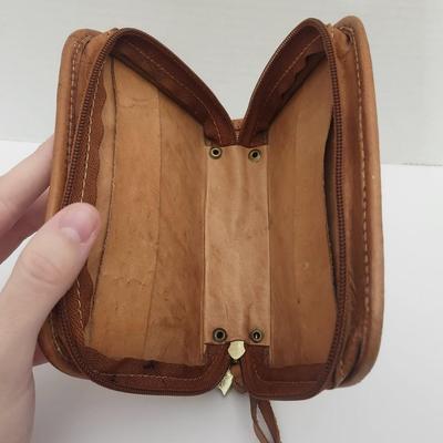 Tooled Leather Zip Around Wallet Floral Basketweave Design Unmarked Brown Leather Accessory