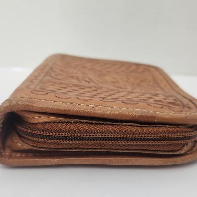 Tooled Leather Zip Around Wallet Floral Basketweave Design Unmarked Brown Leather Accessory