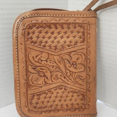 Tooled Leather Zip Around Wallet Floral Basketweave Design Unmarked Brown Leather Accessory