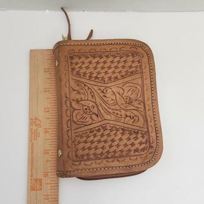Tooled Leather Zip Around Wallet Floral Basketweave Design Unmarked Brown Leather Accessory