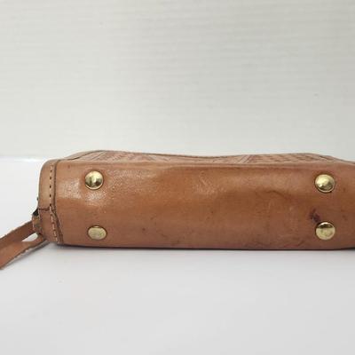 Tooled Leather Zip Around Wallet Floral Basketweave Design Unmarked Brown Leather Accessory