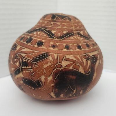 Carved Decorative Gourd With Geometric and Animal Motif Design Southwestern Style Unmarked