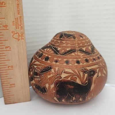 Carved Decorative Gourd With Geometric and Animal Motif Design Southwestern Style Unmarked