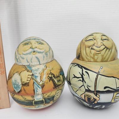 Vintage Bristol Ware Santa Claus Tin Container 1980 and Cheinco Santa Tin Replica Pair