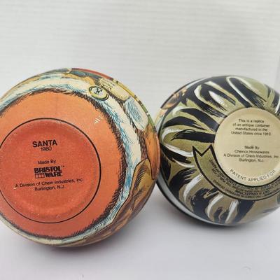Vintage Bristol Ware Santa Claus Tin Container 1980 and Cheinco Santa Tin Replica Pair