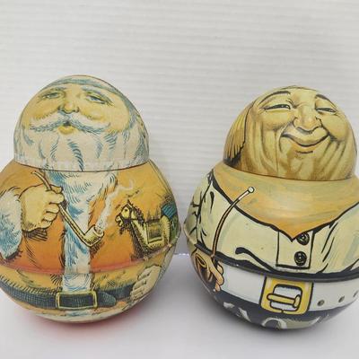 Vintage Bristol Ware Santa Claus Tin Container 1980 and Cheinco Santa Tin Replica Pair
