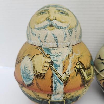 Vintage Bristol Ware Santa Claus Tin Container 1980 and Cheinco Santa Tin Replica Pair