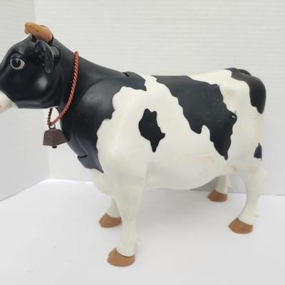 Black and White Cow Figurine with Bell Farm Animal Decor Plastic Figure