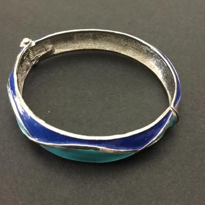 Vintage, silver, toned, enameled, hinged bangle bracelet