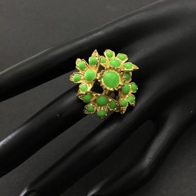 Vintage, gold, toned highlighter, green rhinestone, flower, adjustable ring
