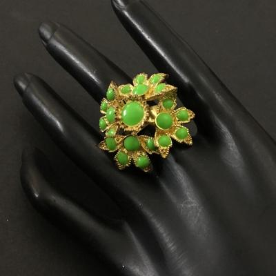Vintage, gold, toned highlighter, green rhinestone, flower, adjustable ring