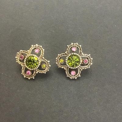 Sale Photo Thumbnail #145: Beautiful Vintage Sarah Coventry gold tone 
Multi Colored rhinestone earrings 
Please see attached photos